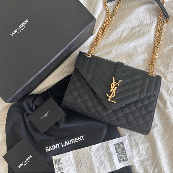 Yves Saint Laurent Med Envelope Bag Matelasse Black and Gold - Picture 2 of 6